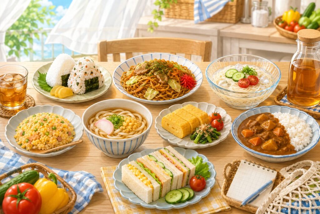 夏休みの子ども向け昼ごはん7日分メニューを並べた本文中画像。おにぎり、焼きそば、そうめん、チャーハン、うどん、卵焼き、カレー、サンドイッチ、麦茶など、安くてラクに作れる昼食例が食卓に並んでいる。