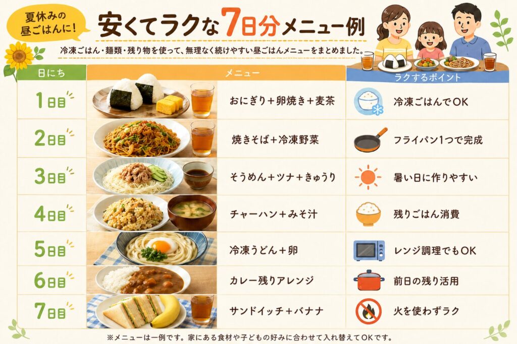 夏休みの子ども昼ごはん向けに、おにぎり、焼きそば、そうめん、チャーハン、うどん、カレー、サンドイッチなど7日分の安くてラクなメニュー例を表でまとめた画像