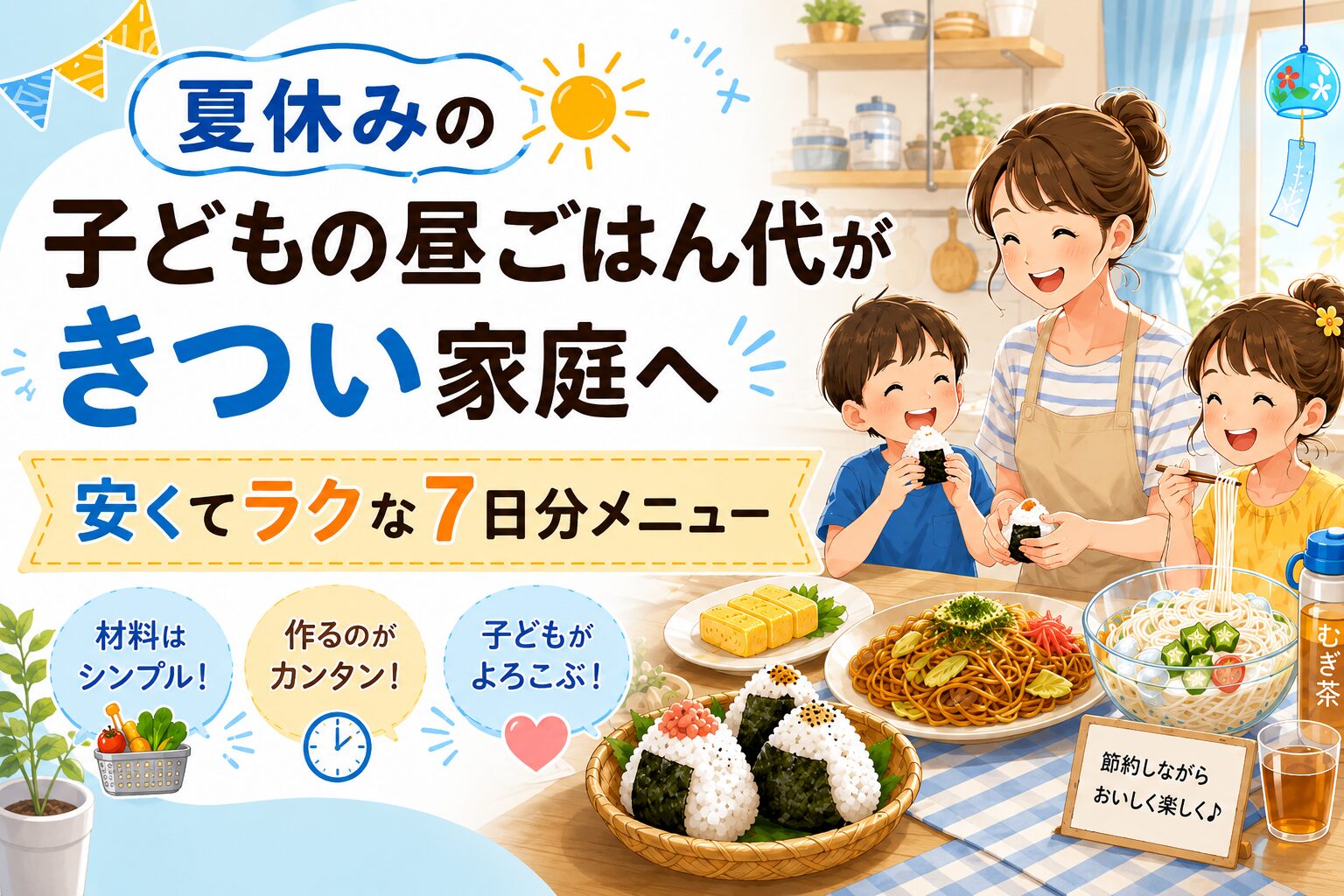 夏休みの子どもの昼ごはん代を節約する7日分メニューのアイキャッチ画像。親子がおにぎり、焼きそば、そうめん、卵焼きなどを囲み、安くてラクな昼ごはん作りを楽しんでいる。