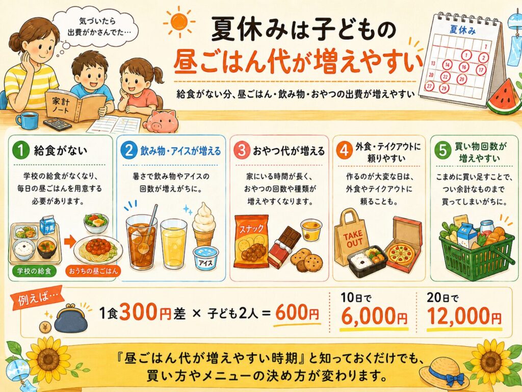夏休みに子どもの昼ごはん代が増えやすい理由を、給食がない、飲み物やアイスが増える、おやつ代が増える、外食やテイクアウトに頼りやすい、買い物回数が増えやすいという5つのポイントでまとめた図解画像