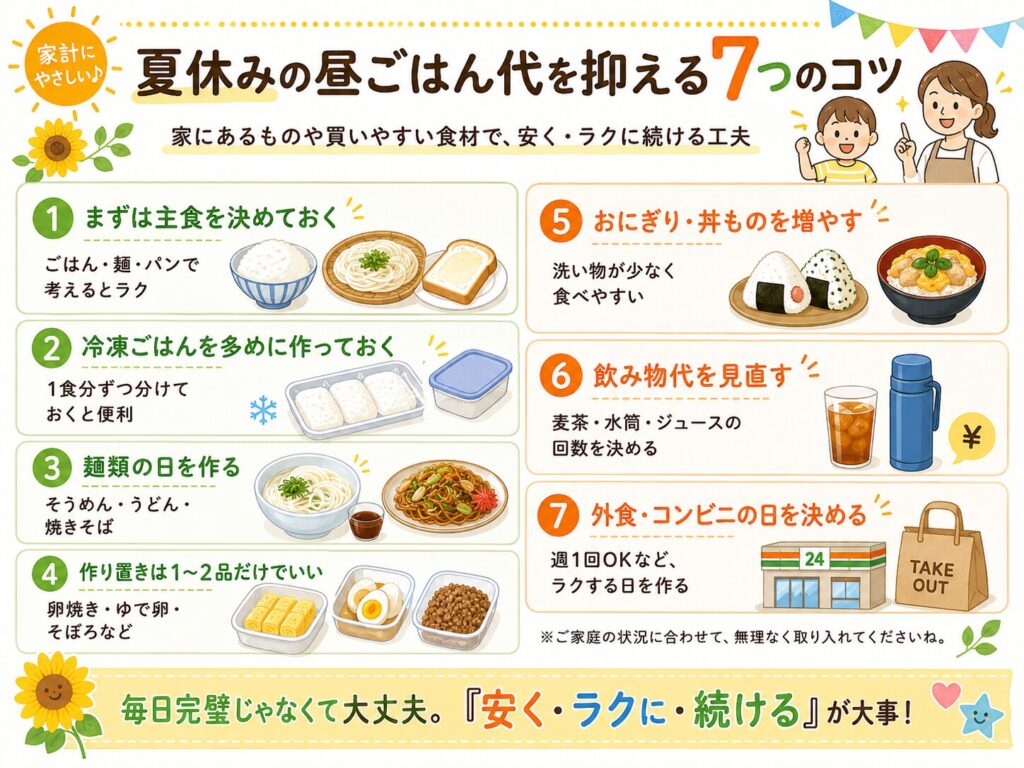 夏休みの昼ごはん代を抑える7つのコツを、主食決め、冷凍ごはん、麺類、作り置き、おにぎり、飲み物代、外食・コンビニのルールに分けてまとめた図解画像