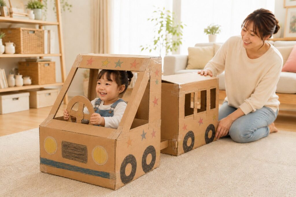 ダンボールで作った車や電車に乗って、親子でごっこ遊びを楽しむ室内遊びの様子