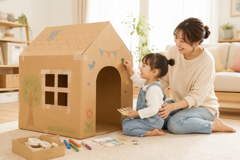 ダンボールで作った家に、親子で絵を描いたりシールを貼ったりして遊ぶ室内遊びの様子