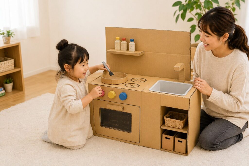 ダンボールで作ったキッチンで、親子がおままごとを楽しんでいる室内遊びの様子