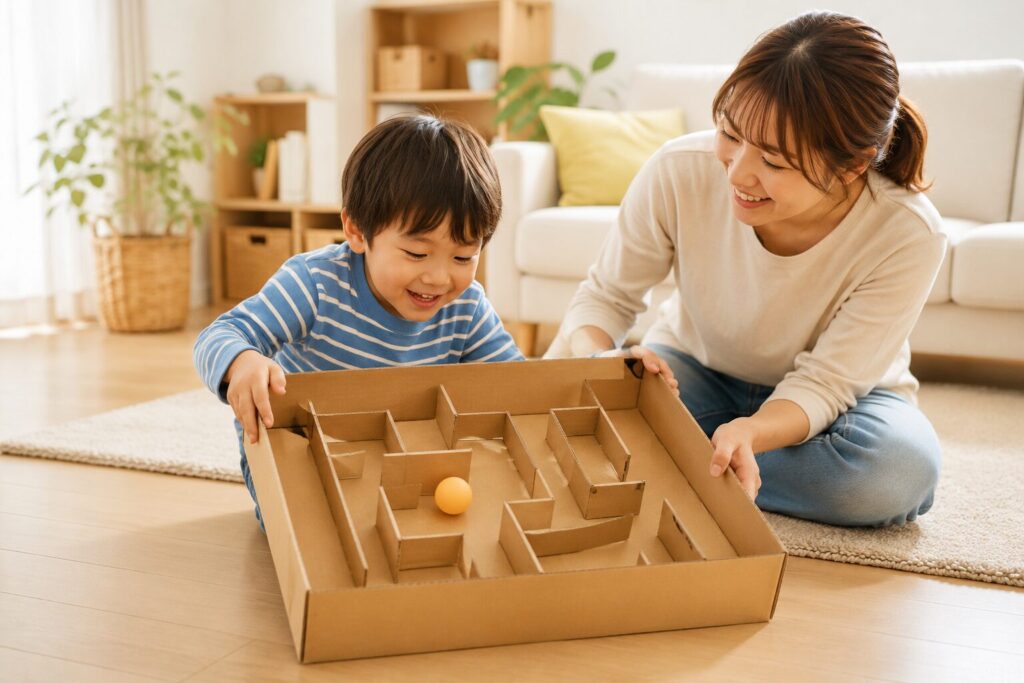 浅いダンボール箱の中に仕切りを作った迷路で、親子がボールを転がして遊んでいる室内遊びの様子