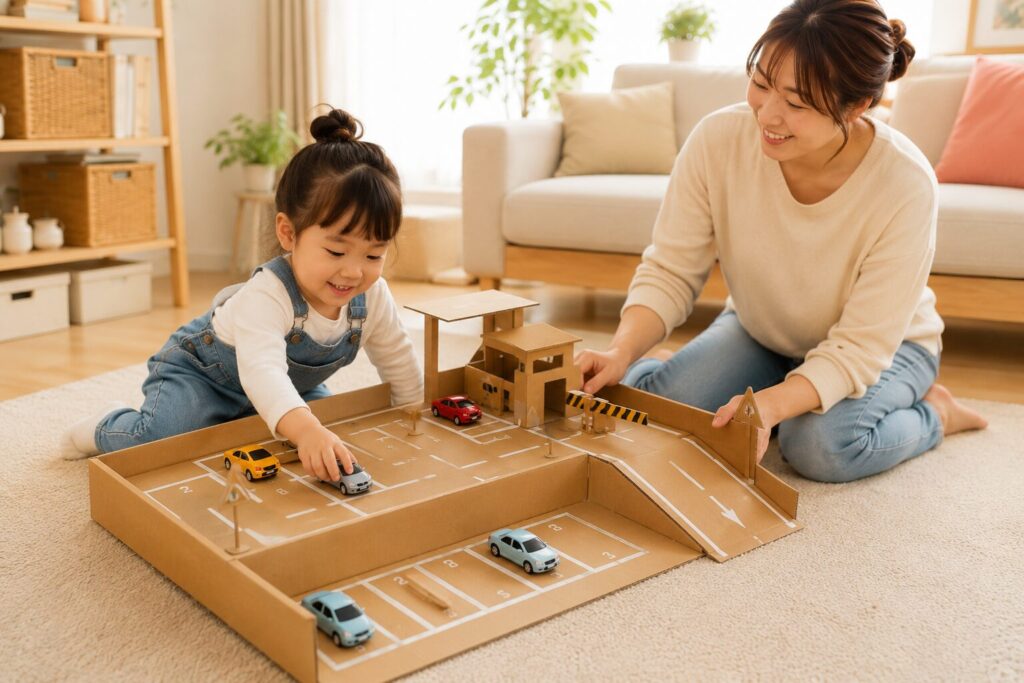 ダンボールで作った駐車場や道路で、親子がミニカーを動かして遊んでいる室内遊びの様子