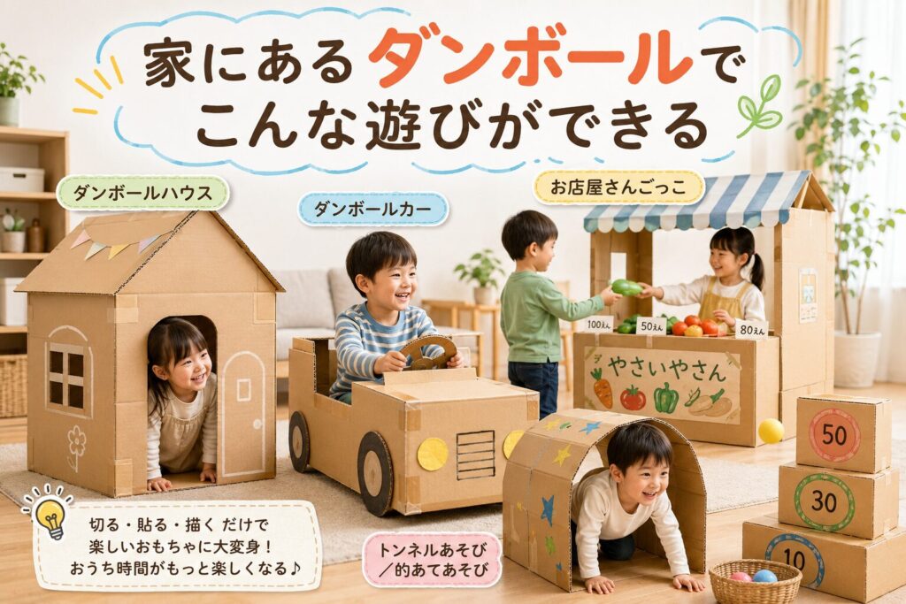 ダンボールハウスや車、お店屋さんごっこ、トンネル遊びなど、家にあるダンボールで楽しめる子どもの室内遊びアイデア