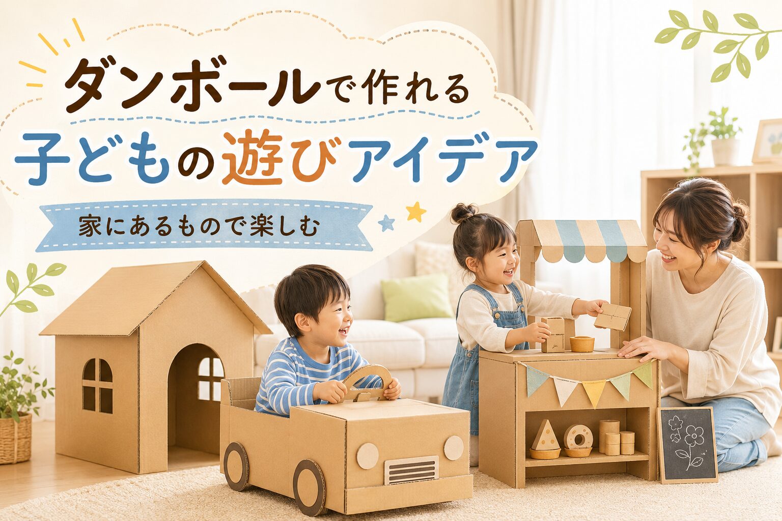 ダンボールで作った家や車、お店屋さんごっこで子どもが遊ぶ室内遊びアイデアの画像