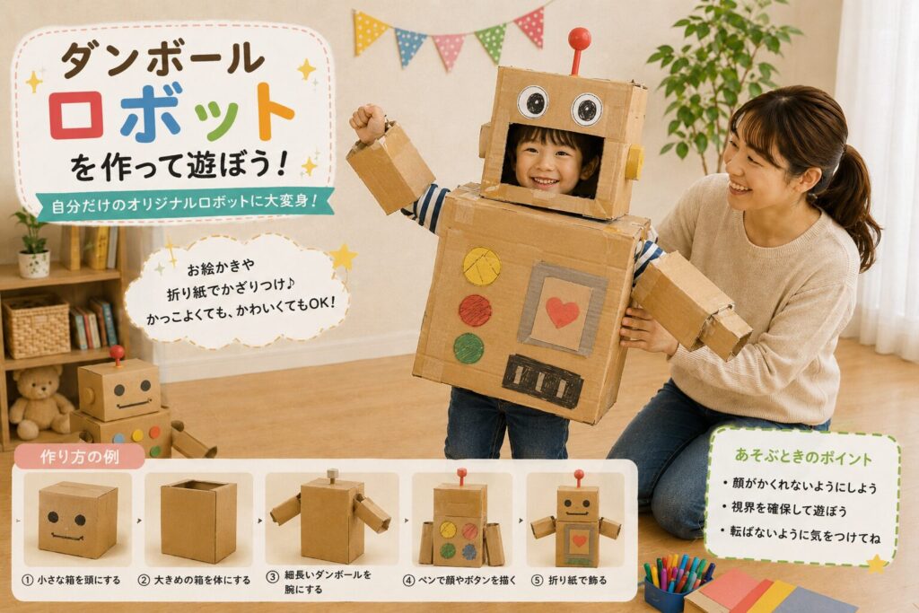 ダンボールで作ったロボットを子どもが身につけ、親子で工作遊びを楽しんでいる室内遊びの様子