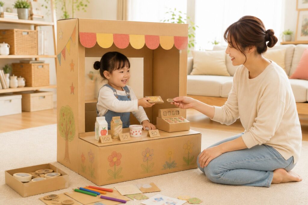 ダンボールで作ったお店屋さんごっこセットで、親子が商品やお金のやり取りを楽しむ室内遊びの様子