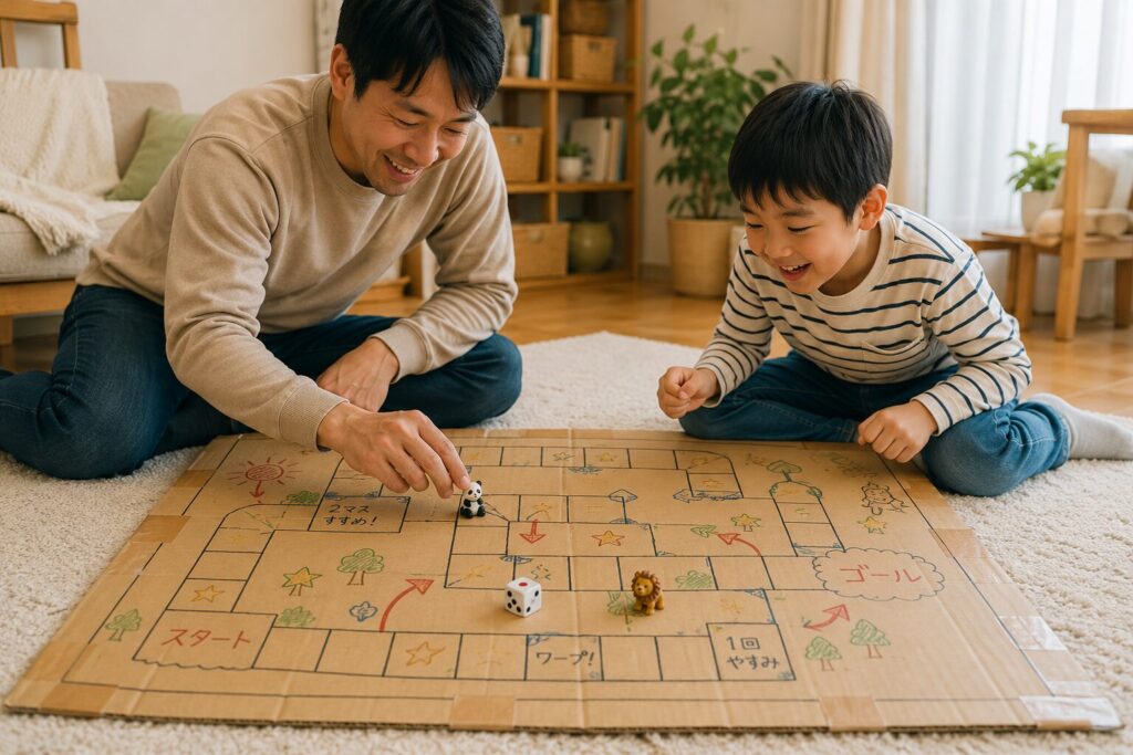 大きなダンボールに手描きのマスを作り、親子がサイコロとコマを使ってすごろく遊びを楽しんでいる室内遊びの様子
