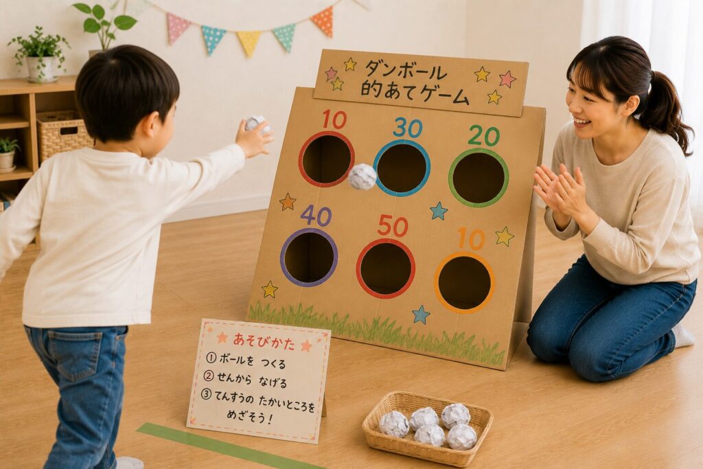 ダンボールに丸い穴を開けて作った的あてゲームで、子どもが紙ボールを投げ、親子で室内遊びを楽しんでいる様子