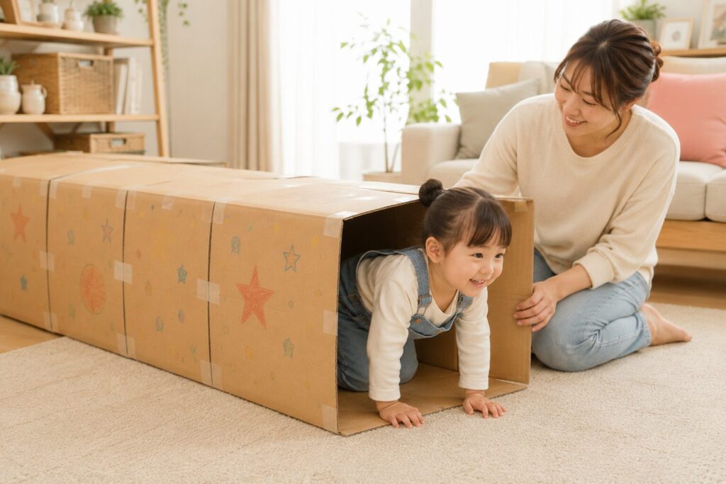 ダンボールをつなげて作ったトンネルを、親子で楽しくくぐって遊ぶ室内遊びの様子