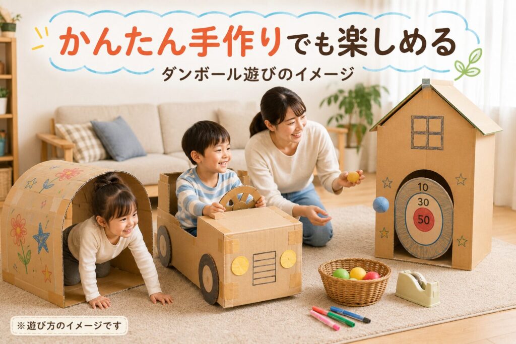 親子で手作りのダンボールトンネルや車、的あて遊びを楽しむ室内遊びのイメージ画像