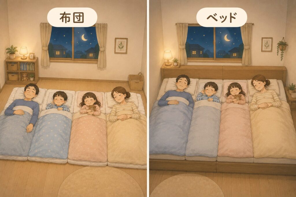 家族4人が狭い寝室で布団とベッドの2つの寝方を比較している、やさしい雰囲気の本文用イラスト