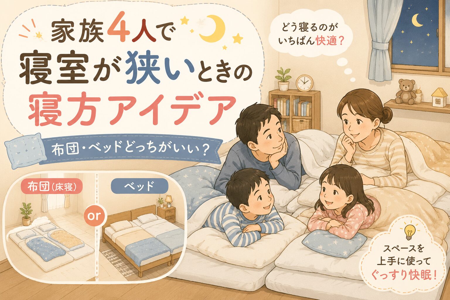 家族4人が狭い寝室で布団やベッドの寝方を考えている、やさしい雰囲気のアイキャッチ画像
