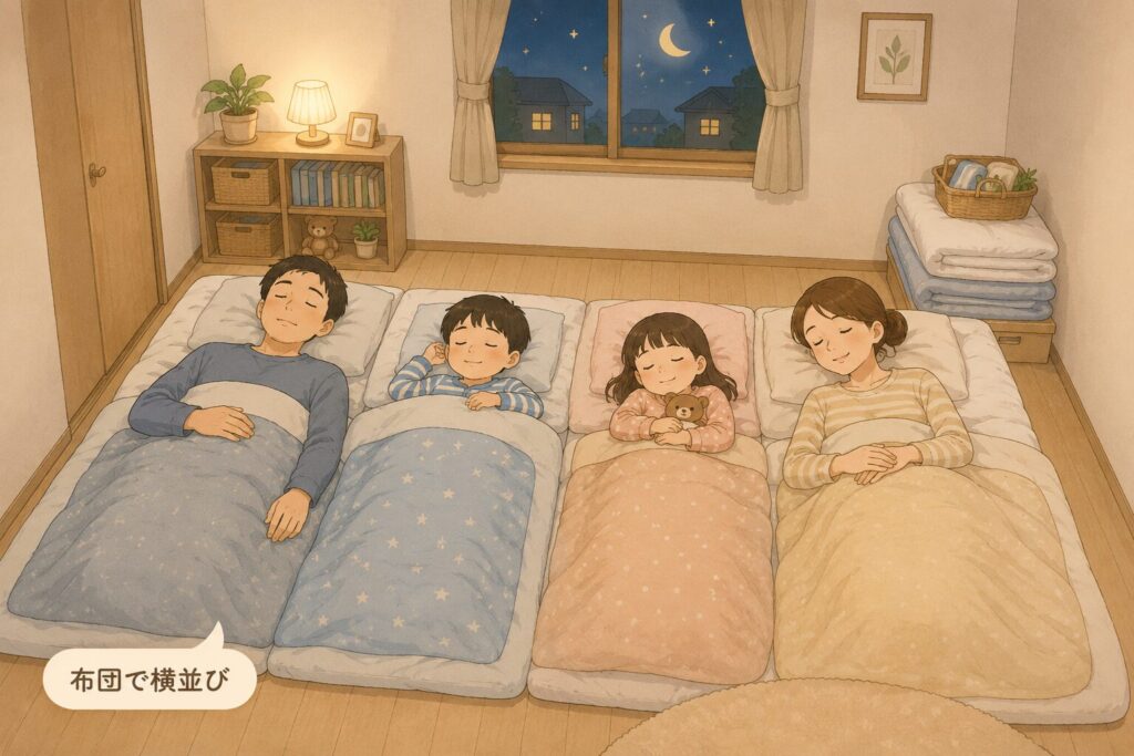 家族4人が狭い寝室で布団を横並びに敷いて眠っている、やさしい雰囲気の本文用イラスト