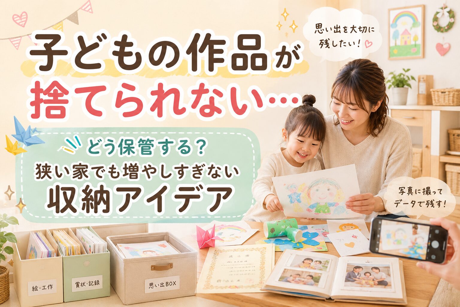 子どもの作品が捨てられず悩むママと子どもが、絵や工作を見ながら収納ボックスやアルバムで保管方法を考えているアイキャッチ画像