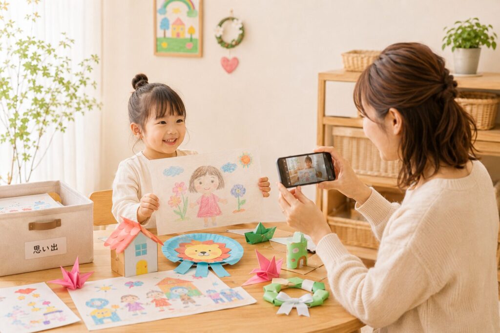 子どもが描いた絵や工作を、母親がスマホで写真に撮って思い出として残している様子