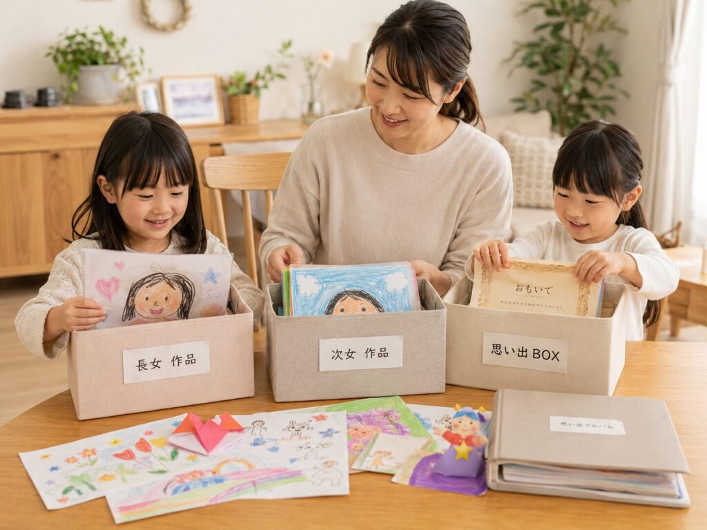 母親と子どもたちが、絵や工作を兄弟姉妹ごとの収納ボックスに分けて保管している様子