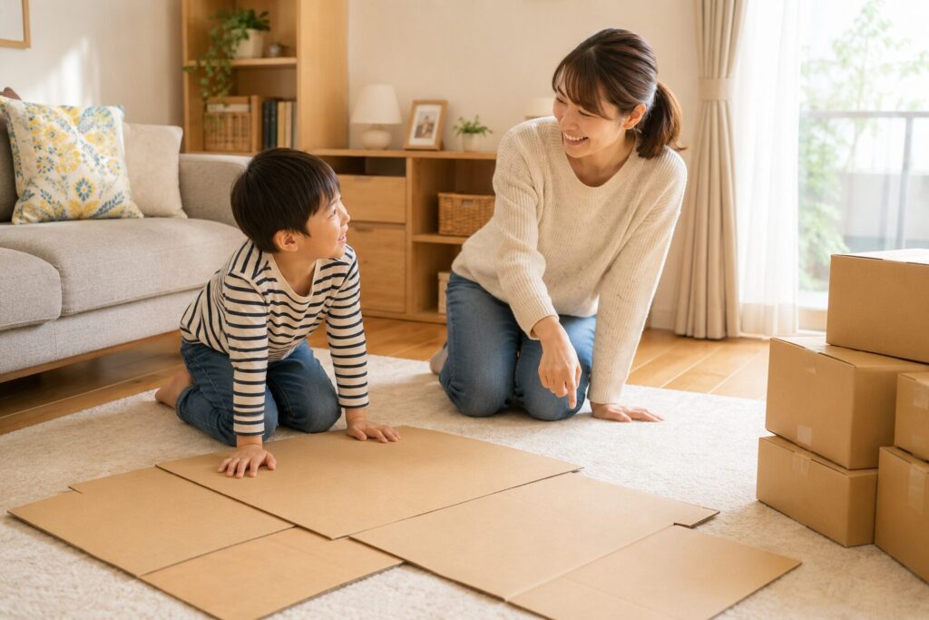 リビングの床にダンボールを広げ、親子で迷路を作る場所を決めている様子