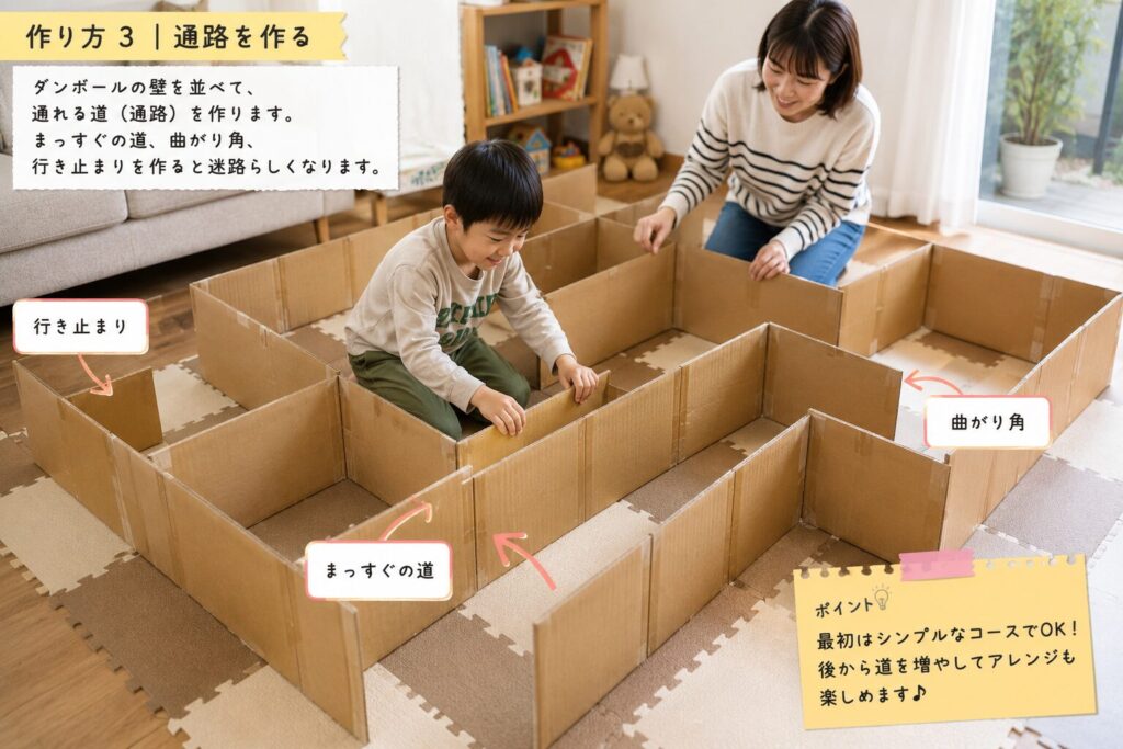 ダンボールの壁を並べて、親子で迷路の通路や行き止まりを作っている室内遊びの工程画像