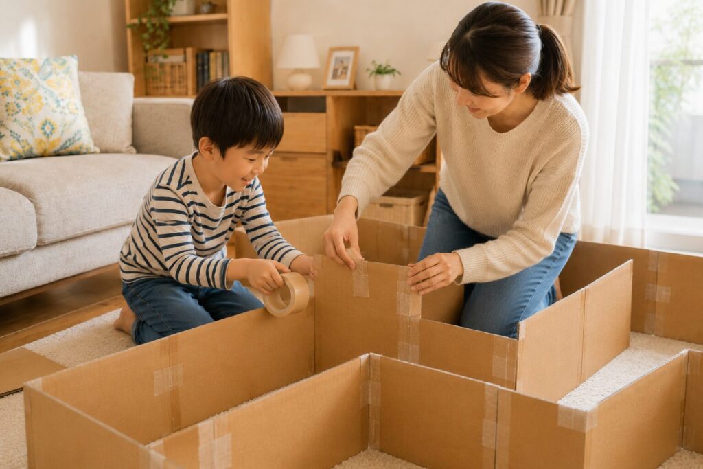 親子でダンボール迷路の壁をテープで固定している室内遊びの工程画像