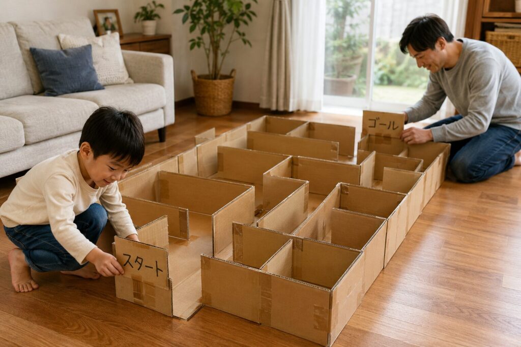 ダンボール迷路の入口にスタート、奥にゴールの看板を付けている親子の工程画像