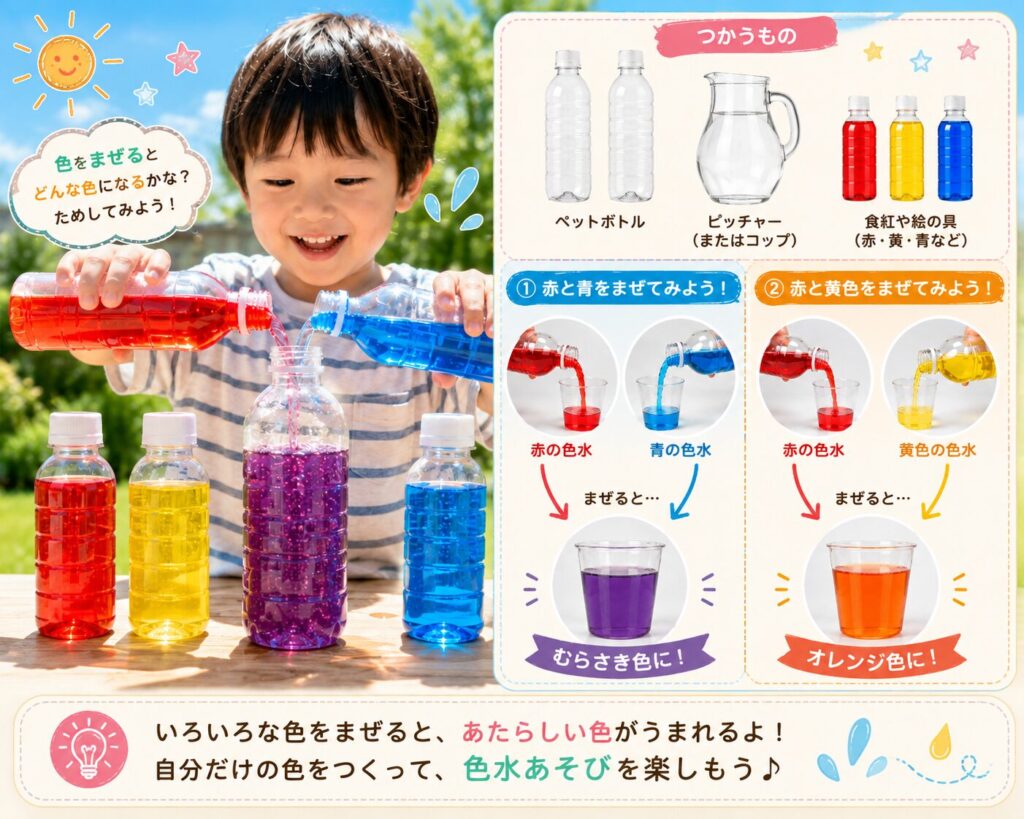 赤・青・黄色の色水を使って、子どもがペットボトルで色を混ぜながら遊ぶ様子と、赤＋青＝紫、赤＋黄＝オレンジの変化をまとめた色水あそびの説明画像