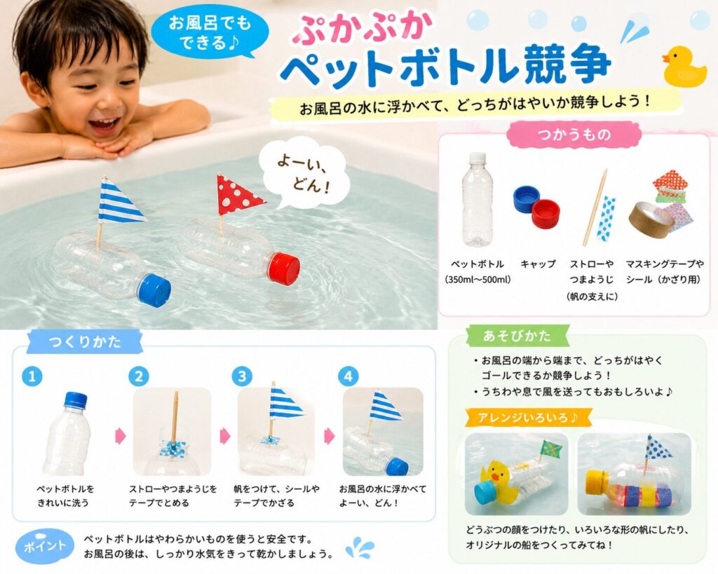お風呂に浮かべたペットボトルを競争させて遊ぶ子どもの様子と、簡単な作り方や材料を紹介した水遊び画像