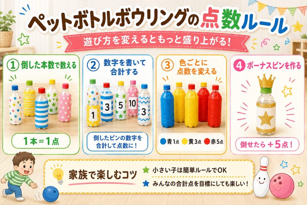 ペットボトルボウリングの点数ルールとして、本数、数字、色、ボーナスピンの4種類を紹介した画像