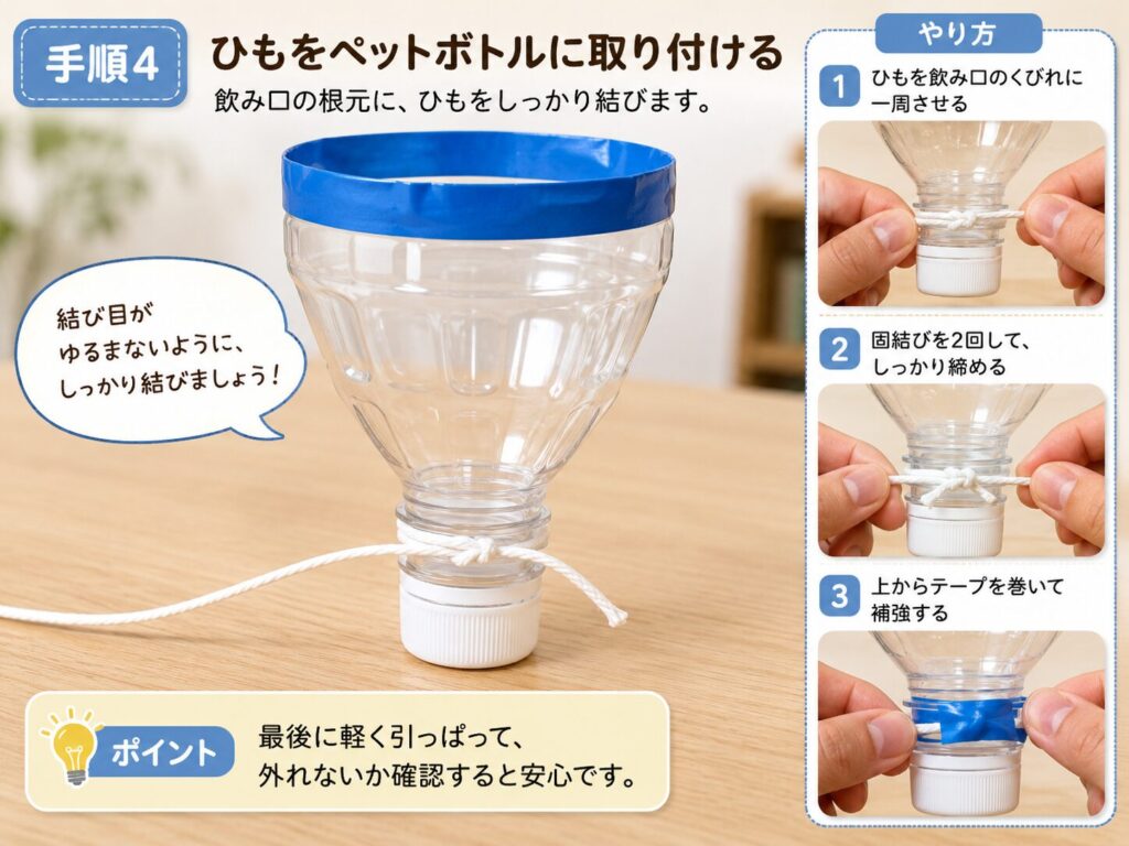ペットボトルけん玉の飲み口の根元に、ひもを結んで取り付ける手順