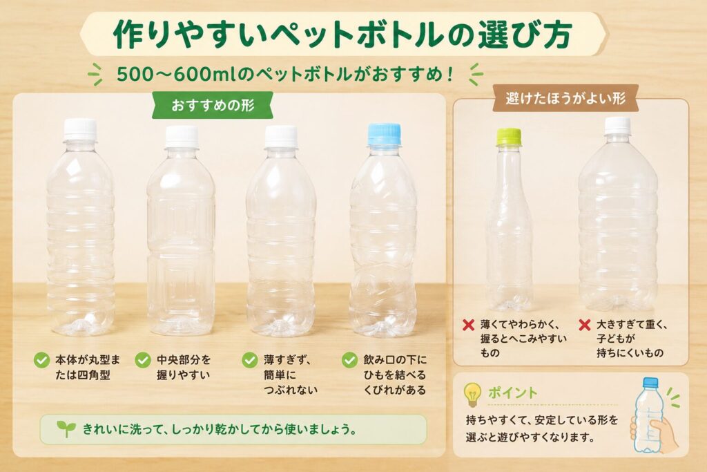 ペットボトルけん玉に向いている500〜600mlの握りやすい形と、薄すぎる・大きすぎる避けたい形の比較