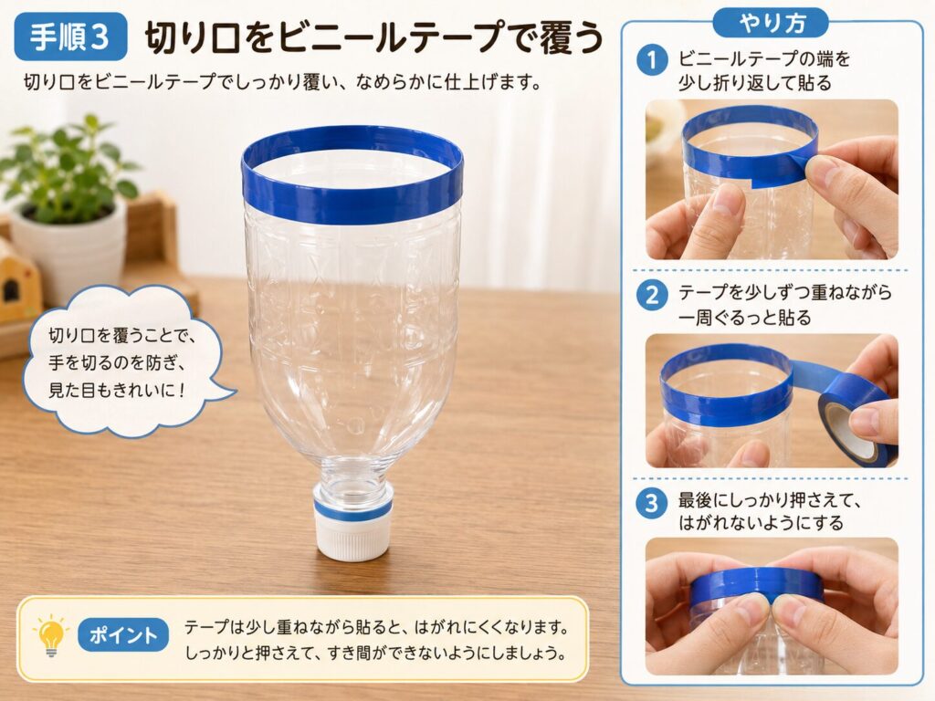 キャップ付きのペットボトルを逆さにし、切り口を青いビニールテープで覆う手順