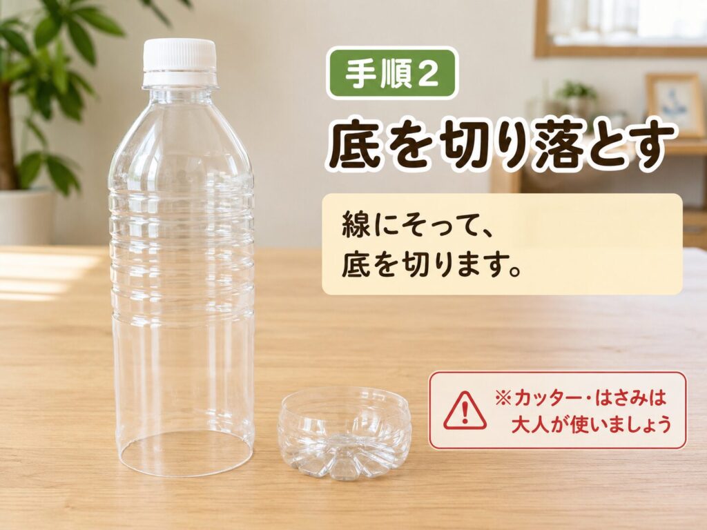 線に沿って底を切り落としたペットボトルと、切り離した底部分