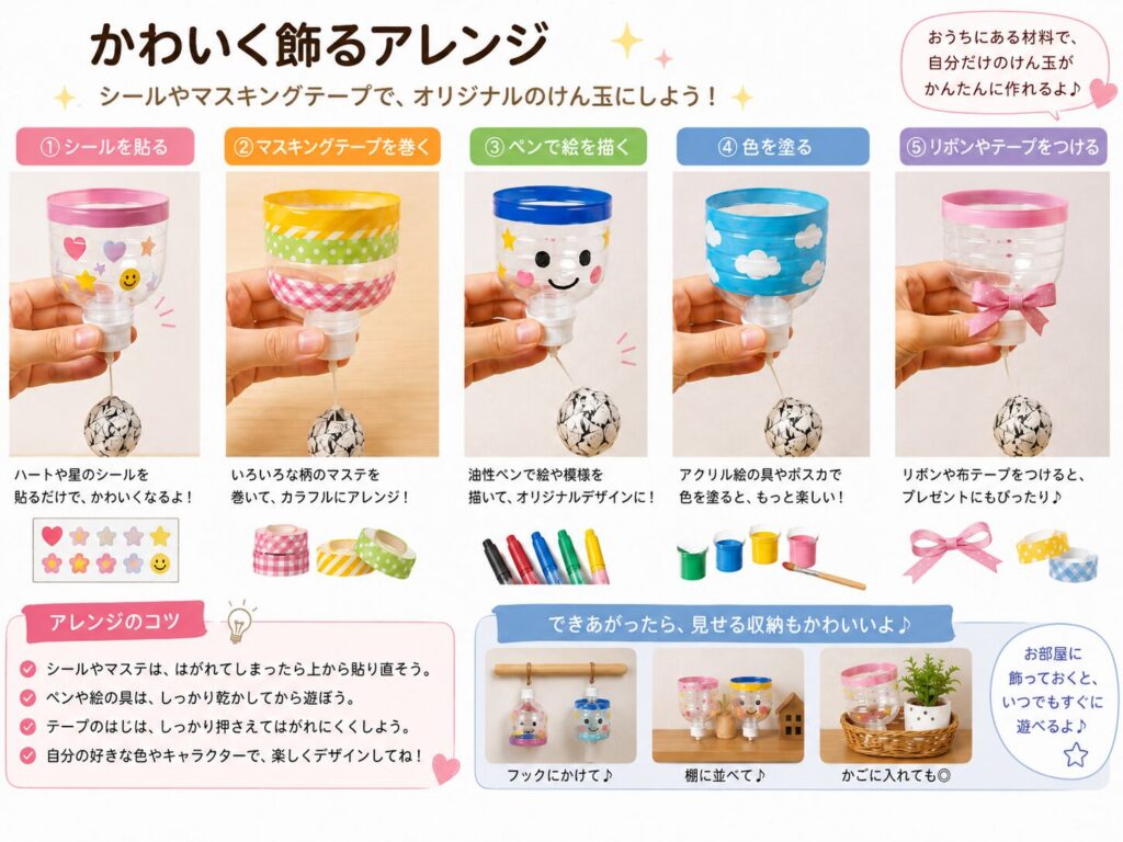 シール、マスキングテープ、油性ペン、絵の具、リボンでペットボトルけん玉をかわいく飾るアレンジ例