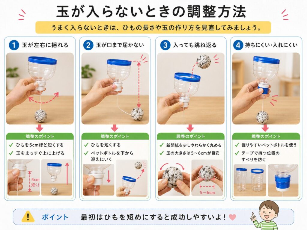 玉が左右に揺れる、届かない、跳ね返る、持ちにくい場合のペットボトルけん玉の調整方法