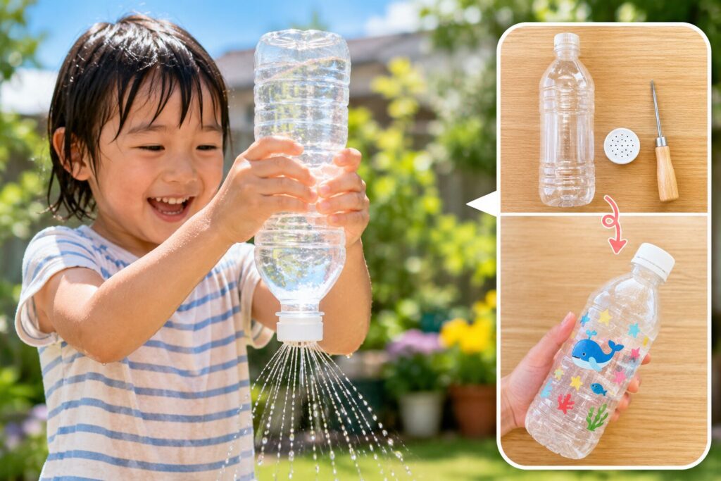 ペットボトルシャワーで遊ぶ子どもの様子と、材料や完成イメージをまとめた手作り水遊びおもちゃの紹介画像