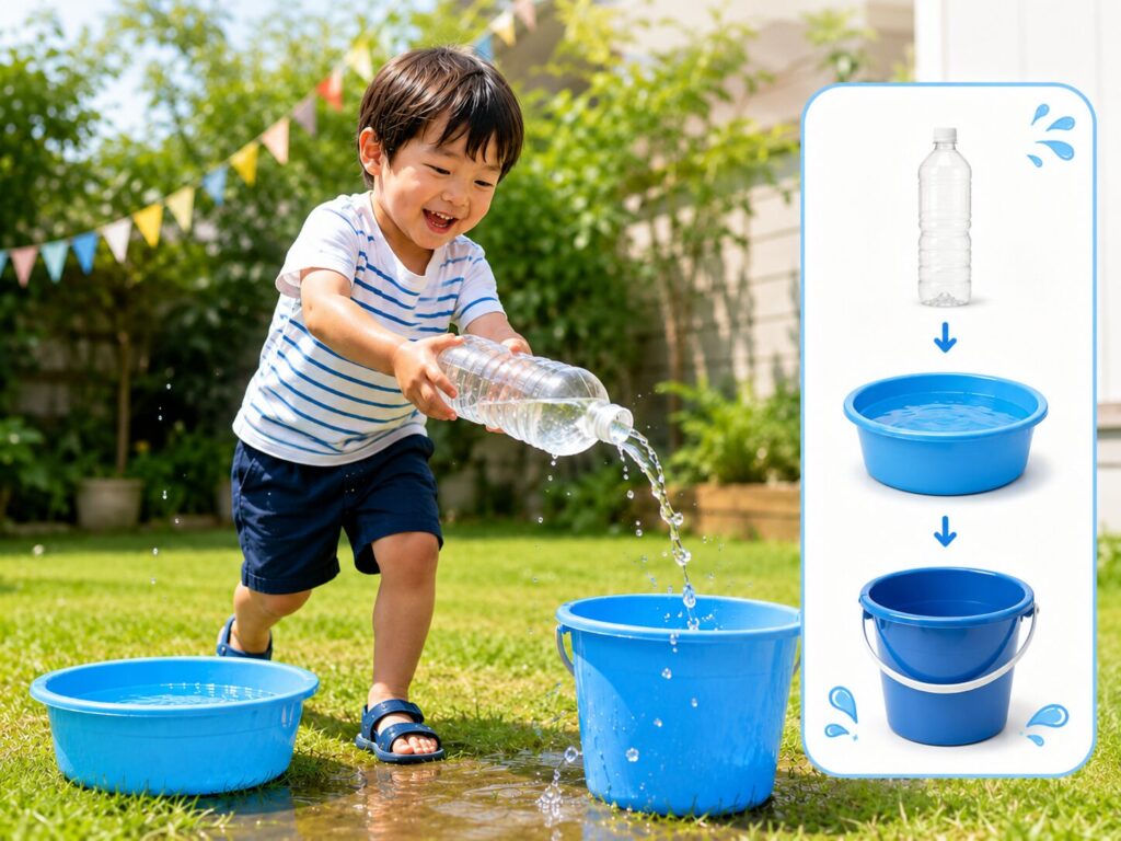 ペットボトルに入れた水を別のバケツへ運び、庭で楽しそうに水遊びをする子どもの様子