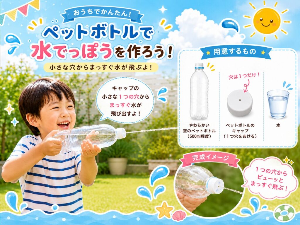ペットボトルのキャップに小さな穴を1つ開け、子どもが庭で手作りのペットボトル水鉄砲を楽しんでいる様子と、必要な材料・完成イメージをまとめた画像