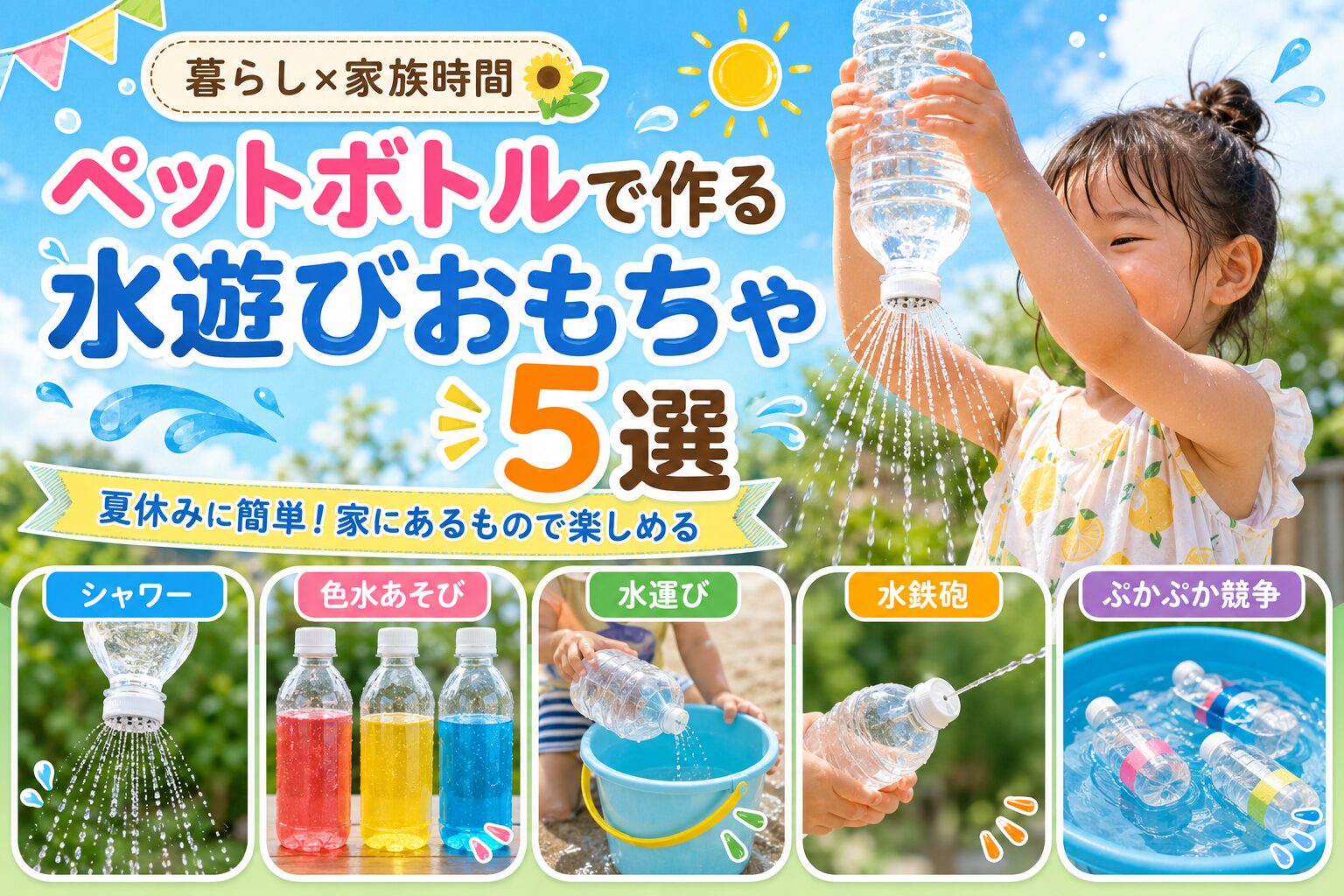 ペットボトルシャワー、色水遊び、水運び、水鉄砲、ぷかぷか競争の5つを紹介した、子ども向け手作り水遊びおもちゃのアイキャッチ画像