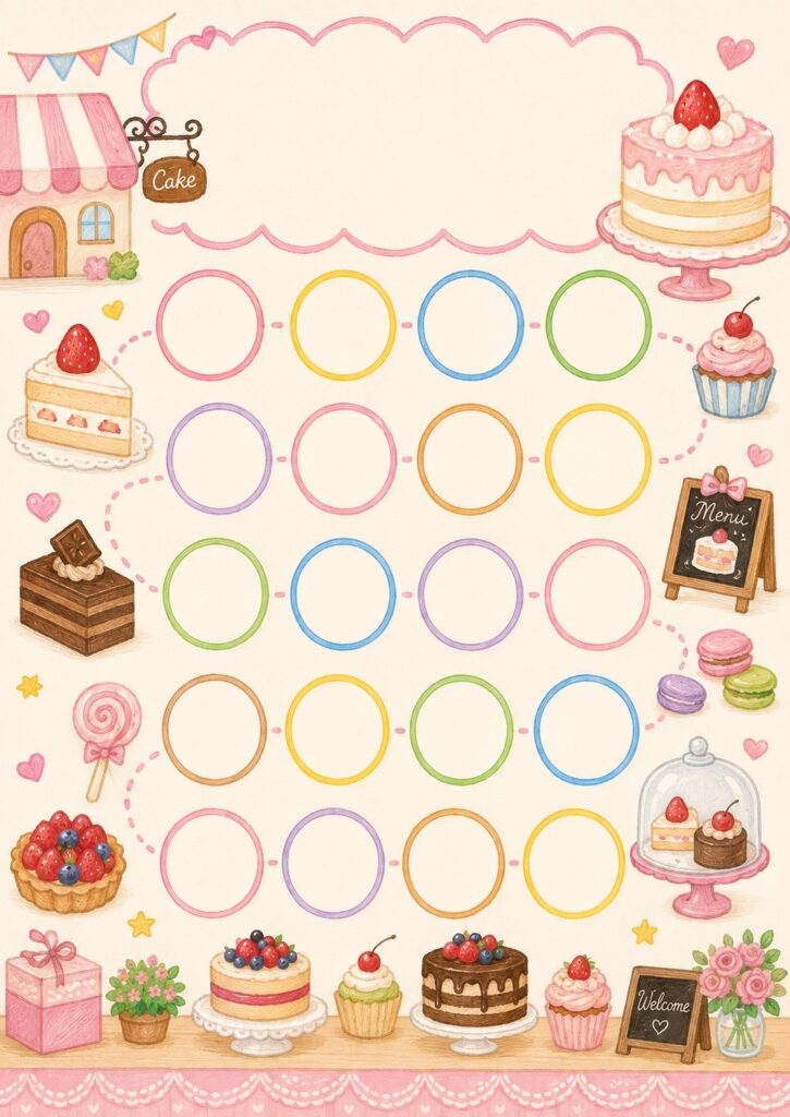 ケーキやカップケーキ、マカロンを描いたかわいい20マスのごほうびシール台紙