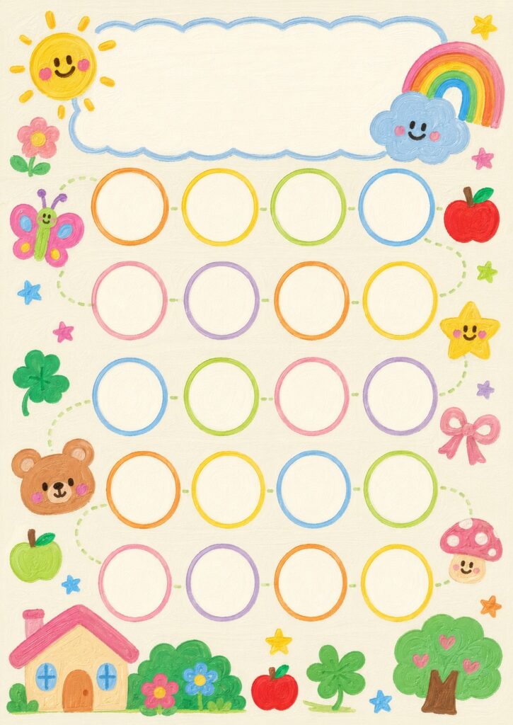 虹やくま、りんご、花などを描いたカラフルでかわいい20マスのごほうびシール台紙