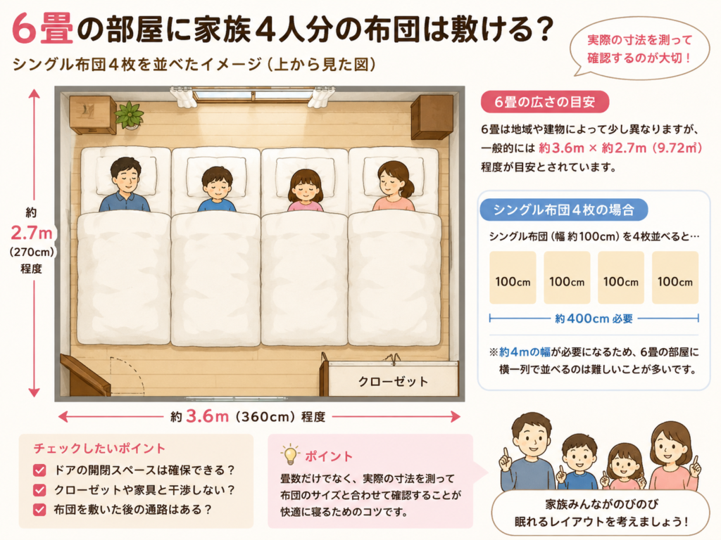 6畳の寝室にシングル布団4枚を並べた家族4人の寝方と必要な広さを示す図解