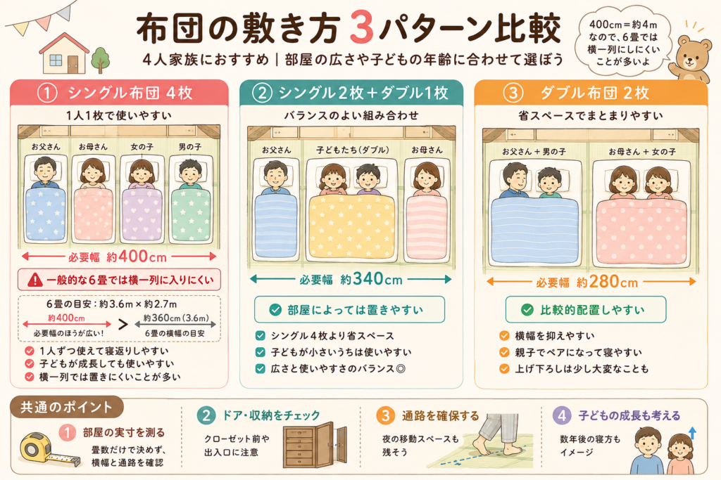 4人家族向けに、シングル布団4枚・シングル2枚とダブル1枚・ダブル布団2枚の3つの寝方を比較し、6畳での置きやすさも示した図解