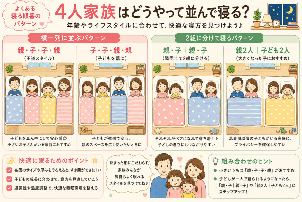 4人家族の寝る順番を、横一列に並ぶパターンと2組に分けて寝るパターンで比較した図解