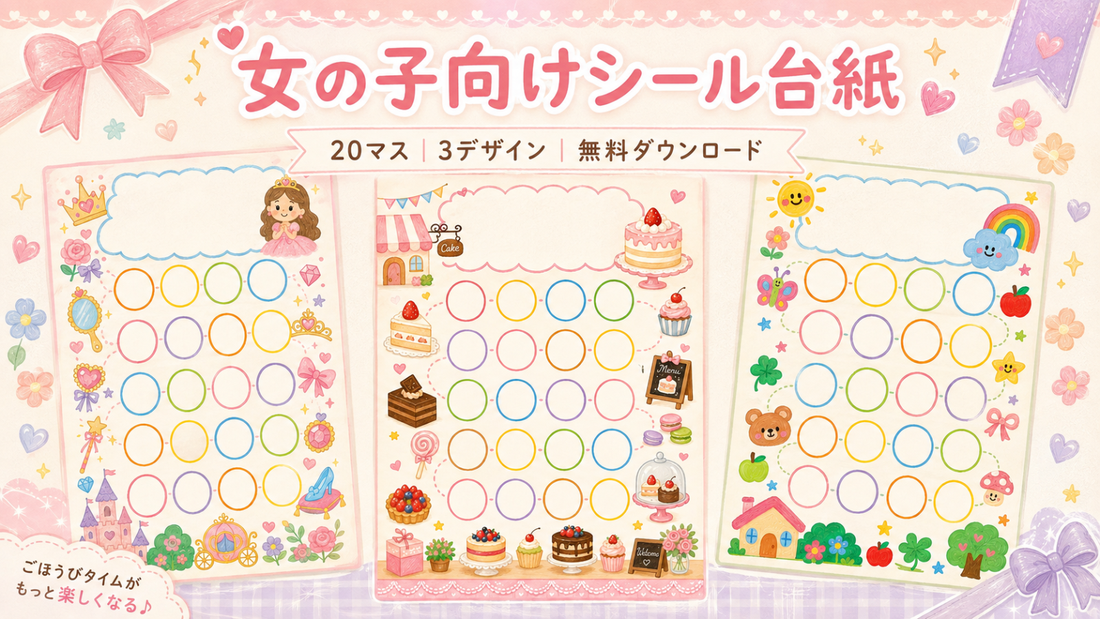 女の子向けのプリンセス・ケーキ屋さん・カラフルデザインをまとめた20マスの無料シール台紙3種類