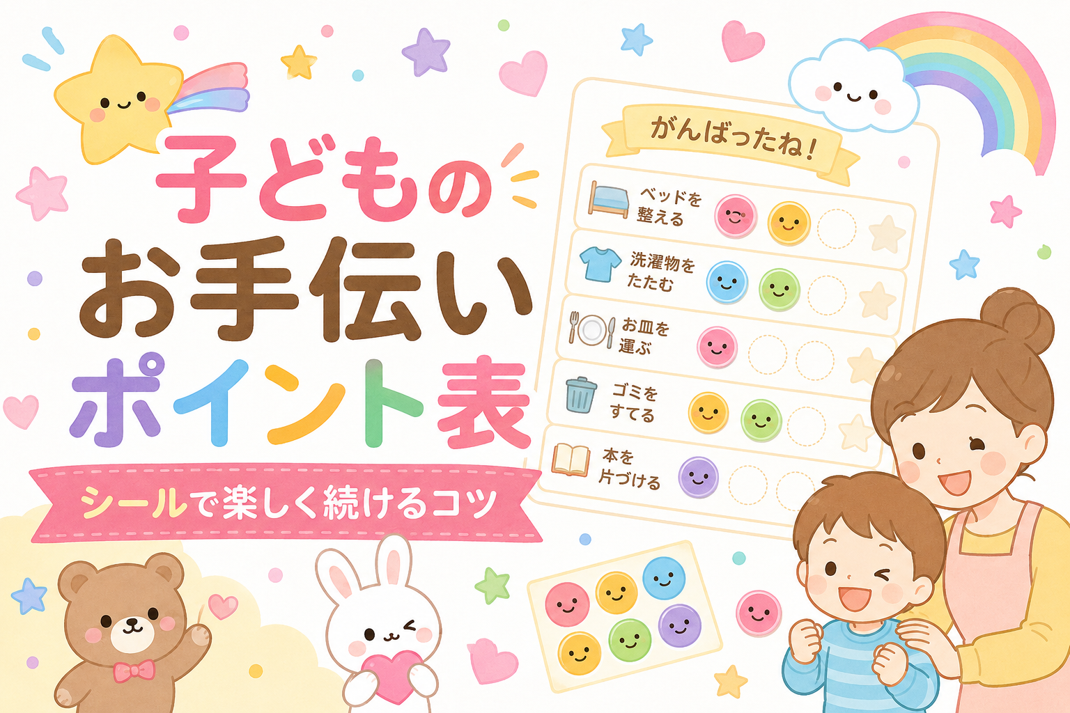 子どものお手伝いポイント表とシール、ごほうびを楽しむ親子のイラスト