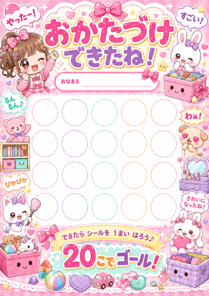 うさぎや女の子、リボンを描いたピンクのかわいいお片付けシール台紙20マス