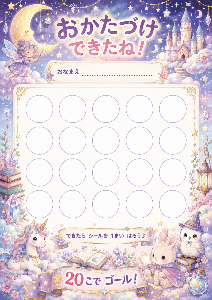お城やユニコーン、うさぎ、ふくろうを描いた幻想的なお片付けシール台紙20マス